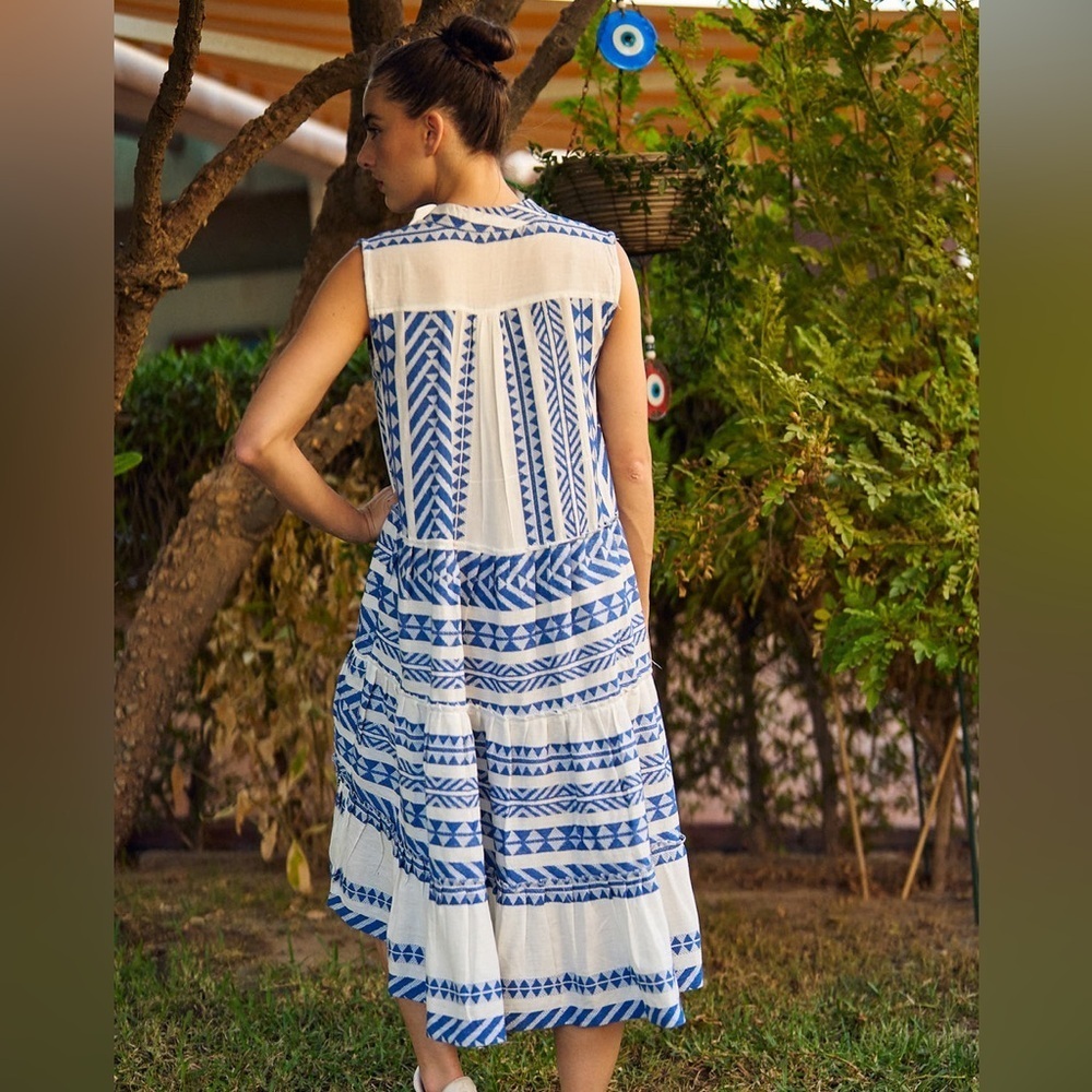 Goa Beachwear By Japna Blue White Print Tiered Maxi Dress Sz M - Picture 3 of 13